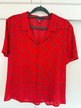 Vince Camuto Red Button Down Blouse With Black & White Floral Design